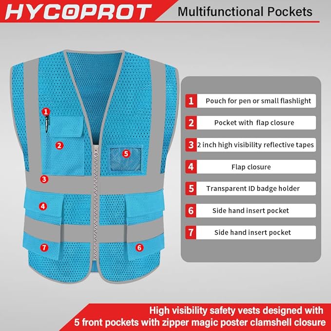 HYCOPROT High Visibility Mesh Safety Reflective Vest with Pockets and Zipper, Meets ANSI/ISEA Standards