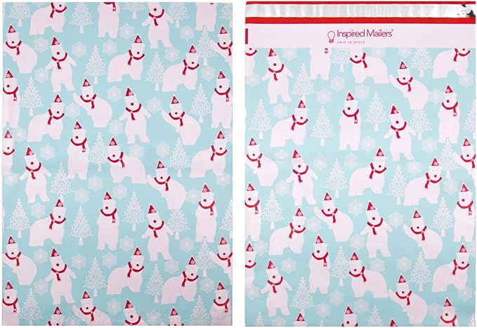 Inspired Mailers - Large Poly Mailers 14.5 x 19-50 Pack - Polar Bears (Blue) - Holiday Shipping Bags - Large Mailing Envelopes - Christmas Shipping Envelopes