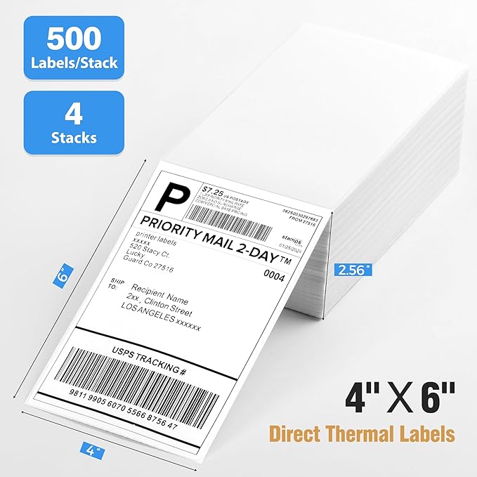 Fanfold 4" x 6" Direct Thermal Labels 2000 Thermal Printer Paper 4 Stacks Shipping Labels