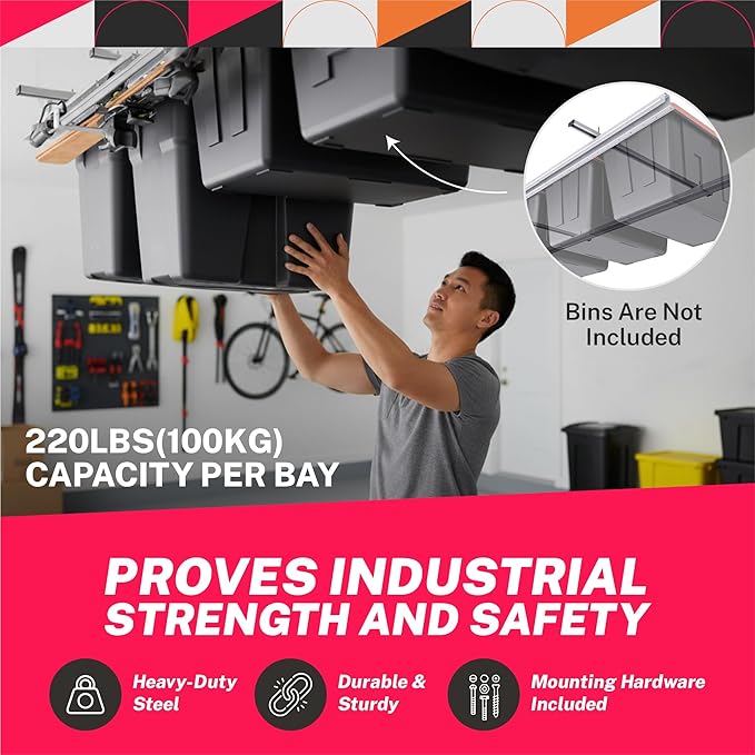 Adjustable Over Head Garage Bin Storage System Tote Lift Pro Overhead Storage Rack – Ceiling Mounted Bin Organizer System – Heavy Duty Ezy Strut & Hat Channel Design – 90" x 25" x 4" (Pack G)