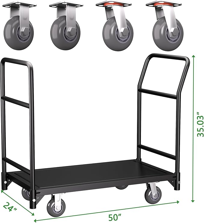 Platform Truck Cart, 37.2"x31"x45.6" Heavy Duty Push Cart Dolly, 2100lbs Capacity Flatbed Carts with Front Handle and Rear Guardrail, Industrial Carts for Warehouse and Garage, Black