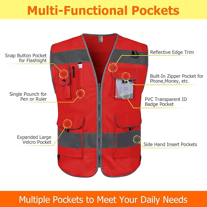 TCCFCCT Red Safety Vest for Men Women 9 Pockets High Visibility Reflective Vest for Safety, Work Vest with Reflective Strips, Meets ANSI/ISEA Standards, Large