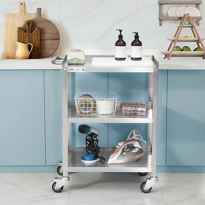 Hally Stainless Steel Utility Cart 3 Tier NSF Commercial Heavy Duty Metal Mobile Food Rolling Cart with Handle and Wheels for Kitchen, Restaurant, Hospital, Laboratory and Home, 31" L x 19" W x 34" H