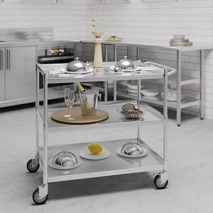 3 Shelf Stainless Steel Tubular Utility Cart | 21 in. Wide X 33 in. Long X 33 in High | Metal Utility Cart on Wheels with Handle | NSF