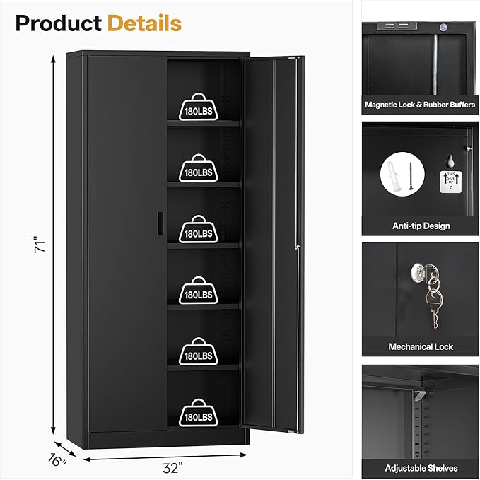 Metal Garage Storage Cabinets,71” Tall Metal File Cabinet with 5 Adjustable Shelves, Lockable Storage Cabinets for Office, Home, Garage, Warehouse 71" H x 32" W x 16" D (Black)