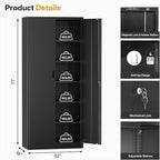 Metal Garage Storage Cabinets,71” Tall Metal File Cabinet with 5 Adjustable Shelves, Lockable Storage Cabinets for Office, Home, Garage, Warehouse 71" H x 32" W x 16" D (Black)