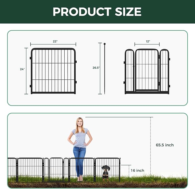 FXW Garden Fence Outdoor for The Yard – 24in(H) x 45.6ft(L) Heavy Duty Metal Animal Barrier for Dog and Rabbit, Decorative Dog Fence, 24 Panels, Black