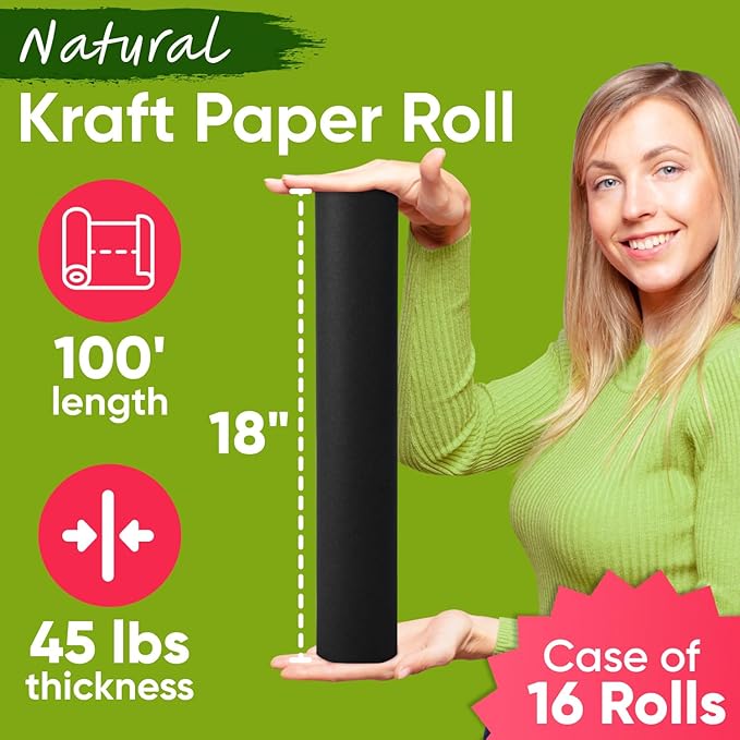 Black 18" x 1200" (100 ft) Kraft Paper, 45 lbs Thickness, USA-Made Recyclable, 16 Rolls