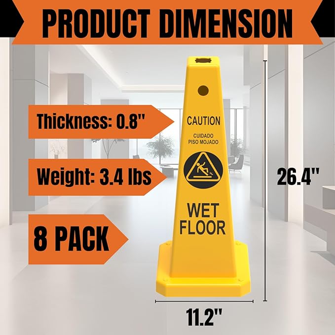 Caution Wet Floor Sign, 26.4-Inch Safety Cone, 4 Pack Yellow Plastic, High-Visibility, Non-Fading, Slip-Resistant Base, Stackable, Indoor Outdoor Warning Sign