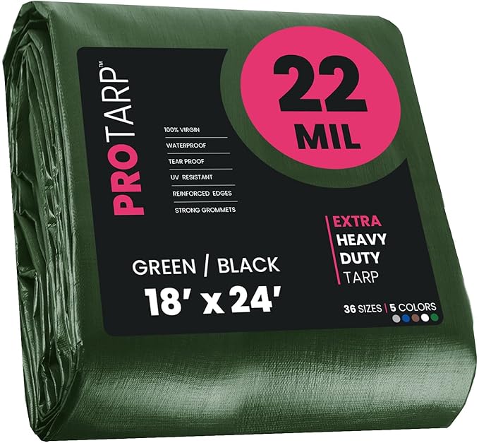 PROTARP Extreme Heavy Duty 22 Mil Tarp Cover, Waterproof, UV Resistant, Rip and Tear Proof, Poly Tarpaulin with Reinforced Edges for Roof, Camping, Patio, Pool, Boat. (Green/Black 18′ X 24′)
