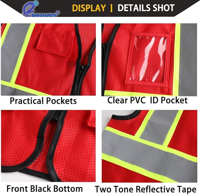 Reflective Mesh Safety Vest for Men Women with 5 Pockets and Zipper Front High Visibility Mesh Vest Hi Vis Construction Work Vest,Meets ANSI/ISEA Standards(EK175-Red-3XL)