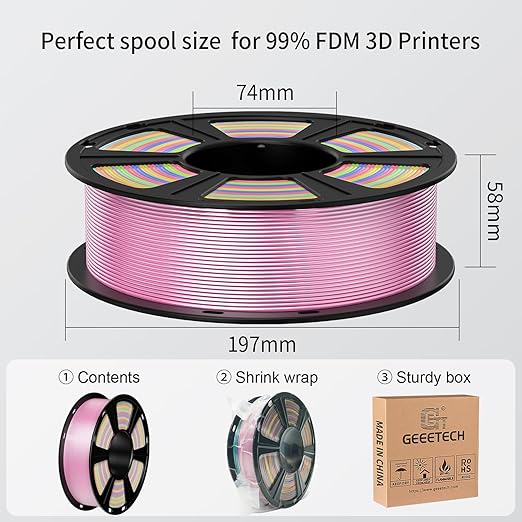 Geeetech Silk Rainbow PLA Filament 1.75mm, 3D Printer Multicolor Filament, Color Changing Filament 1kg (2.2lbs) 1 Spool, Dimensional Accuracy +/- 0.02 mm