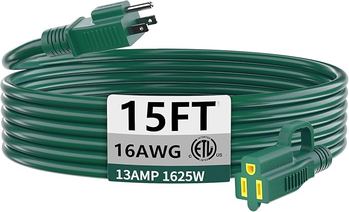HUANCHAIN Indoor Outdoor Green Extension Cord 15 ft Waterproof, 16/3 Gauge Flexible Cold-Resistant Appliance Extension Cord Outside, 13A 1625W 16AWG SJTW, 3 Prong Electric Cable, ETL