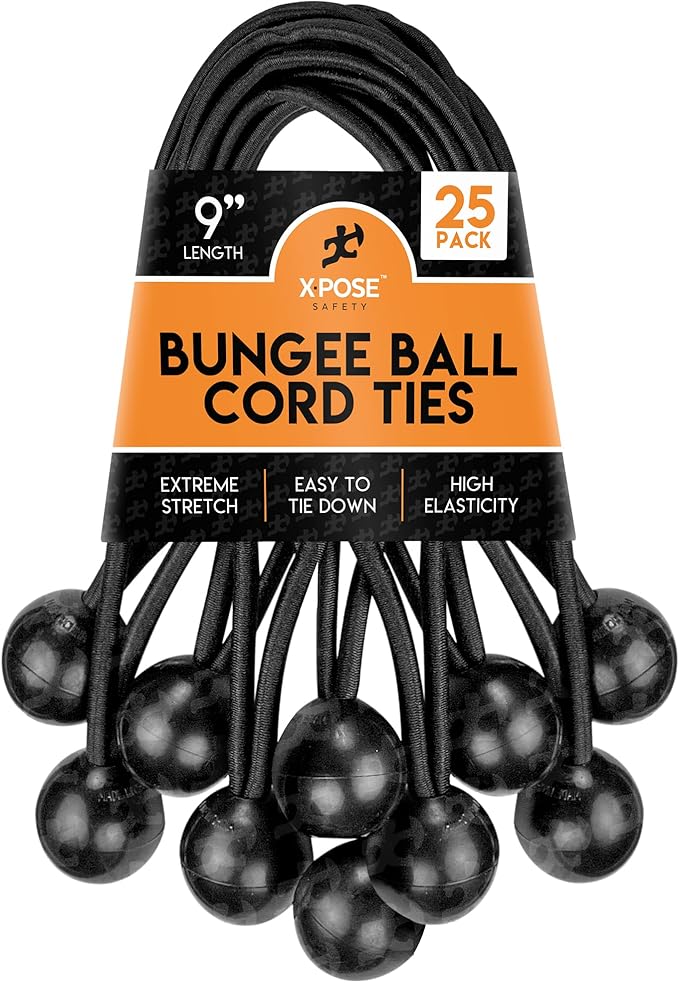 Xpose Safety Bungee Ball Cords 9" 25 Pack Heavy Duty Black Stretch Rope with Ball Ties for Canopies, Tarps, Walls, Cable Organization