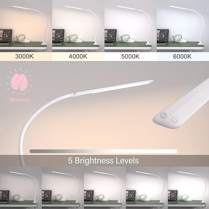 LED Desk Lamp With Clamp, 10W Gooseneck Lamps Touch Control,Swing Arm Clamp Lamp, Architect Clamp Desk Lamp Dimmable,Nail Lamp for Desk Table (White)