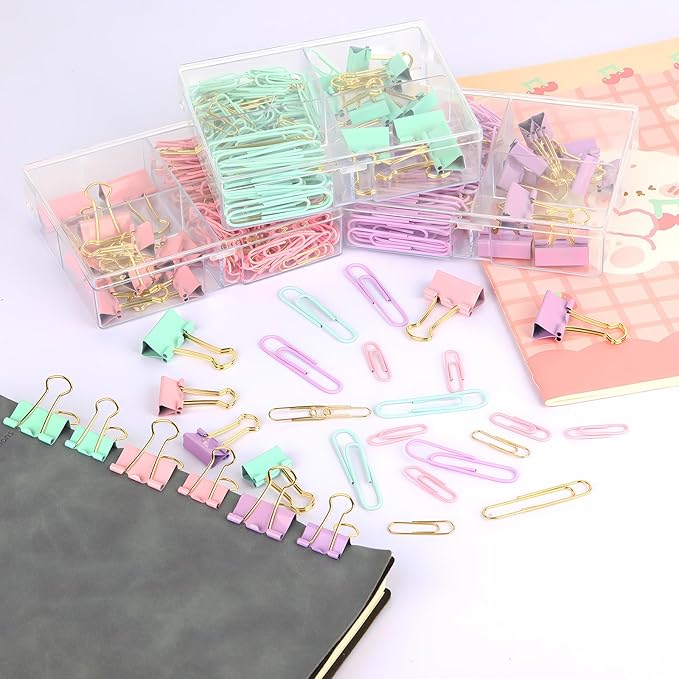 Cute Paper Clips Binder Clips Combo Set, 165 Psc, Assorted Size Paper Clips for Office, Cute Office Supplies Set, Pink