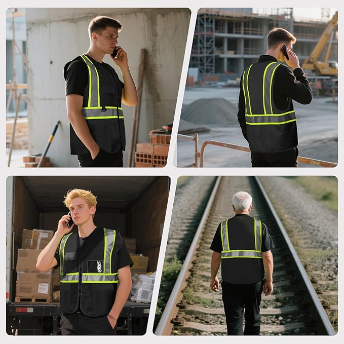 Safety Vest Customize Logo with 5 Pockets & Zipper Reflective High Visibility Vest Class 2 Outdoor Workwear