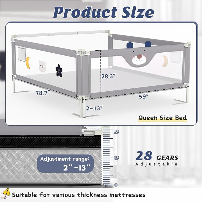 3-Piece Bed Rail for Toddlers with Headboard Rod, Adjustable Baby Bed Rail Guard, Twin/Full/Queen/King Size Bed (3, 78.7 * 78.7 * 59 Inch- Queen Size)