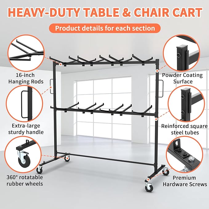 Folding Chair Rack for Storage,Folding Chair Cart 84 Chairs on Wheels Table Storage Cart 600 LBS Capacity Heavy Duty Steel Mobile Dolly Storage Rack with Dust Cover & Elastic Cords