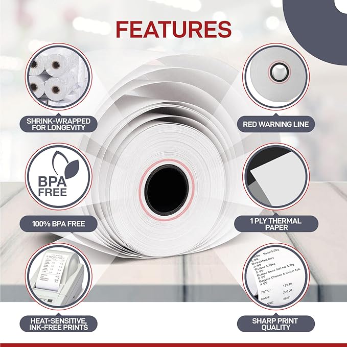 100 Rolls - 2 1/4" x 230' Thermal Paper Receipt Rolls - BPA Free - 55 GSM - Receipt Printer Paper for Cash Register, Citizen, Casio and Epson, Fits All POS Cash Registers