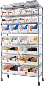 VEVOR 8-Tier Rolling Bin Storage Rack, 26 Organizer Bins, Bin Rack Storage Steel Wire Shelving System with Wheels, Mobile Tool Organizer for Garage, Warehouse, Office, Restaurant, Classroom, Kitchen