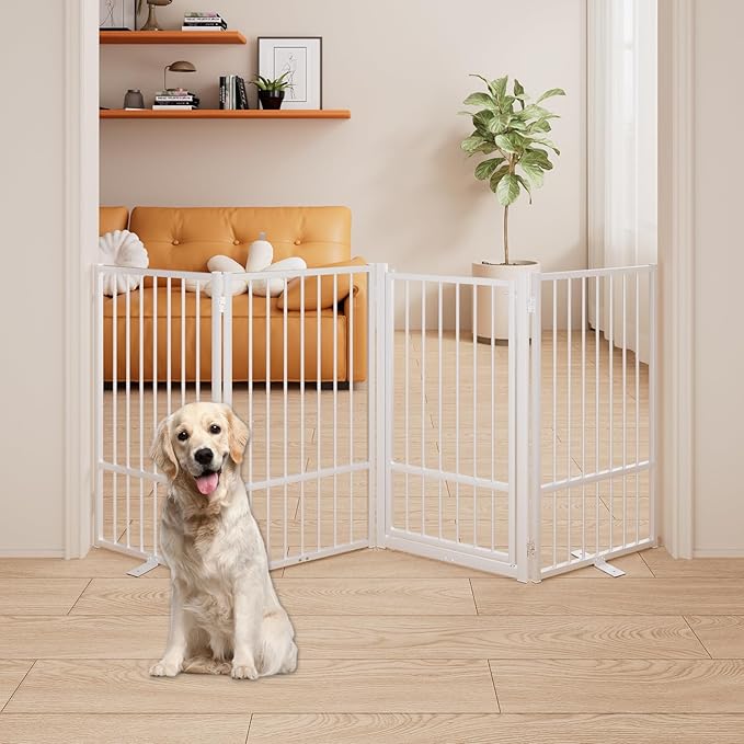 4 Panels Full Metal Freestanding Dog Gates with Door, 80” W x 36” H Folding Pet Gate Fence with Support Feet for Indoor,Stairs, Hallways and Doorways(White)