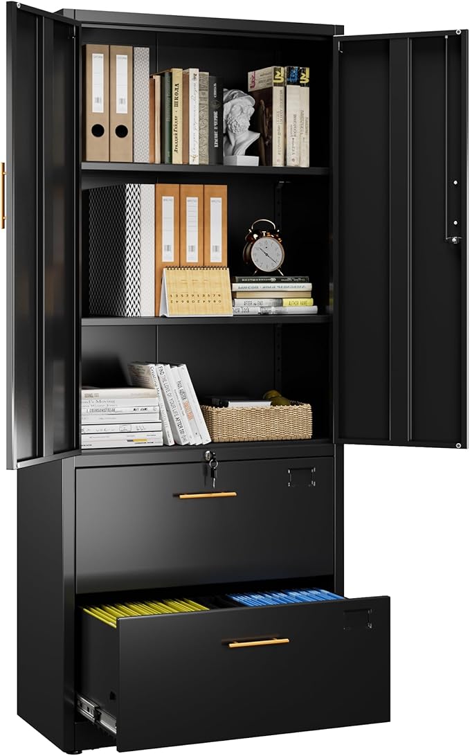 2 Drawer Lateral File Cabinet with Adjustable Shelves and Handles,Metal Filing Cabinet with Drawers and Keys for Home,Office,School,Fits A4/Letter/Legal Size Folders,Assemble Required,Black