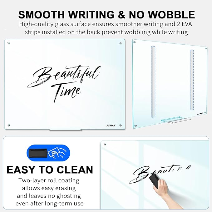 AFMAT Magnetic Glass Whiteboard, 48" x 36" Glass Dry Erase Board, 4mm Tempered Glass w/Strong Magnetic Surface, Large White Board for Wall, Frameless Wall Mounted White Board for Office Home School