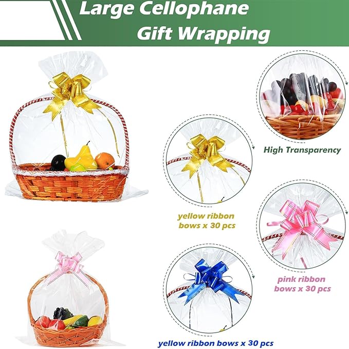 90 Packs Large Clear Cellophane Bags 14x20 18x24 24x30 Inches Jumbo Gift Basket Wraps Extra-large Transparent Plastic Bags for Fruit Basket, Gift Wrap, Treats, Arts and Crafts, 90 pcs Pull Ribbon Bow Ties