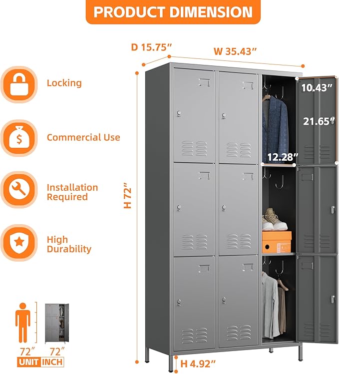 Employee Lockers with 27 Hooks,9 Doors Metal Storage Locker with Card Holder for Employees Home Gym,Assembly Required (Dark Grey)