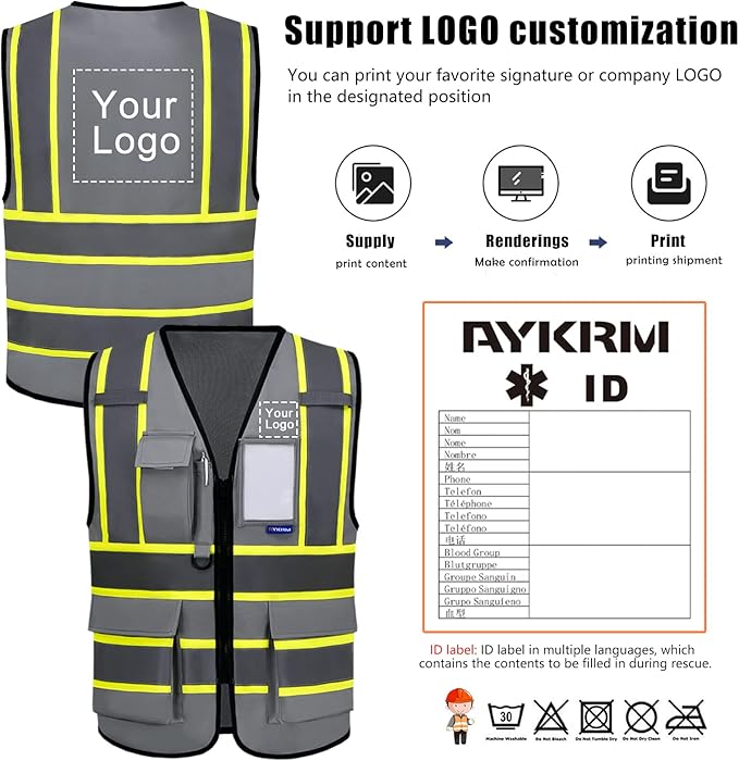 AYKRM 11 color High Vis Reflective Safety Vest for Women Men Security Pocket Zipper