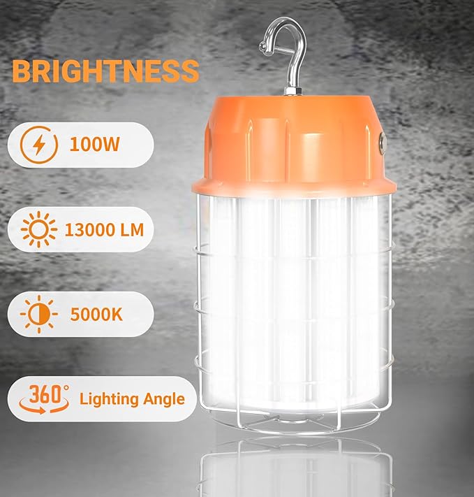 100W LED Temporary Work Light,5000K 13000Lm Portable Work Lights with Stainless Steel Guard & Hook for Mine Wharf Job Site Lighting,IP65 Dust Waterproof,Plug-n-Play
