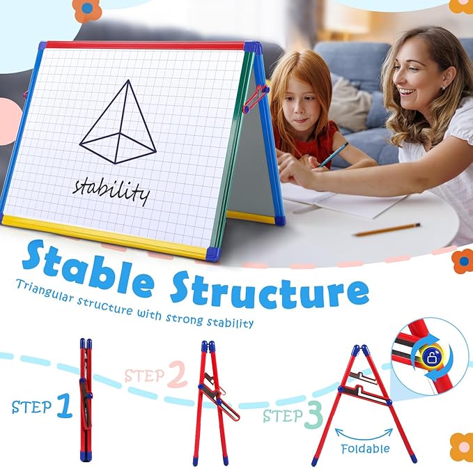 SWANCROWN Magnetic Board for Kids - Tabletop White Board for Children- 24x18 Inch Double Sided Foldable Dry Erase Board Standing with 82Pcs Alphabet Magnets Whiteboard Letters