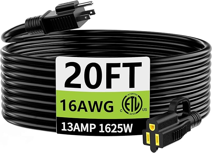 HUANCHAIN 20 FT Outdoor Extension Cord Waterproof, 16/3 Gauge 3 Prong Black Extension Cord Outside, 13A 1625W 16AWG SJTW, Flexible Cold-Resistant Appliance Electric Cable, ETL
