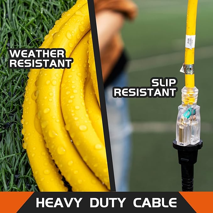 3-Outlets Indoor Outdoor Extension Cord Weatherproof with Lighted End, UL Listed, 14 Gauge 6FT Yellow 3 Prong Heavy Duty, 14/3 SJTW 15A Power Cord
