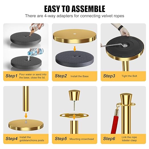 kaiyomi 4Pcs Stanchions with Red Velvet Ropes Set, 5 Feet Velvet Ropes and Posts Poles for Red Carpet Party Decoration and 360° Photo Booth (Golden)