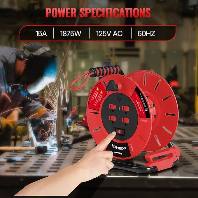 Extension Cord Storage Reel with 4-Grounded Outlet & 2 USB Port, 15A Circuit Breaker, Heavy Duty Open Cord Reel for 12/3,14/3 Gauge Power Cord, Hand Wind Retractable, ETL Listed Red R85CR06