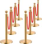 8PCS Stainless Steel Stanchions Post w/ 6 Red Velvet 5ft Carpet Ropes - Hollow Base for Red Carpet Queue - Crowd Control Barriers Ideal for Party, Wedding, Hotels, Exhibitions - Gold