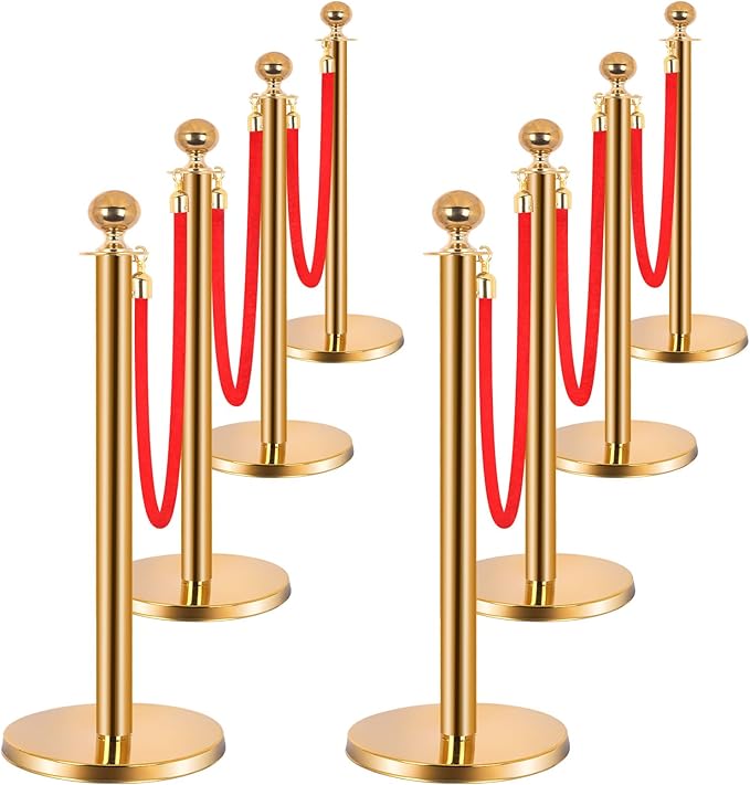 8PCS Stainless Steel Stanchions Post w/ 6 Red Velvet 5ft Carpet Ropes - Hollow Base for Red Carpet Queue - Crowd Control Barriers Ideal for Party, Wedding, Hotels, Exhibitions - Gold
