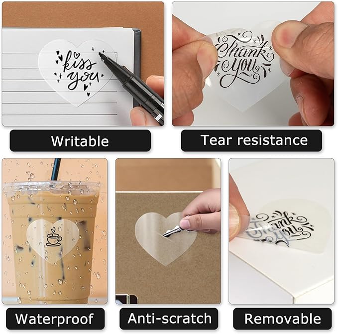 Clear Thermal Labels Vinyl 2 Inch Self-Adhesive Heart Stickers Roll Waterproof Gift Decals Package Seal for QR Code Envelope Decoration Office Home 300 PCS