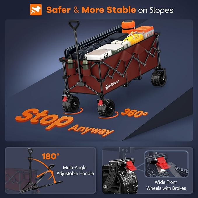 48" L Collapsible Wagon Cart Foldable, 560lbs Weight Capacity 300L Heavy Duty Folding Beach Wagons with Big All-Terrain Wheels, Utility Carts for Groceries, Shopping, Camping, Sports-red