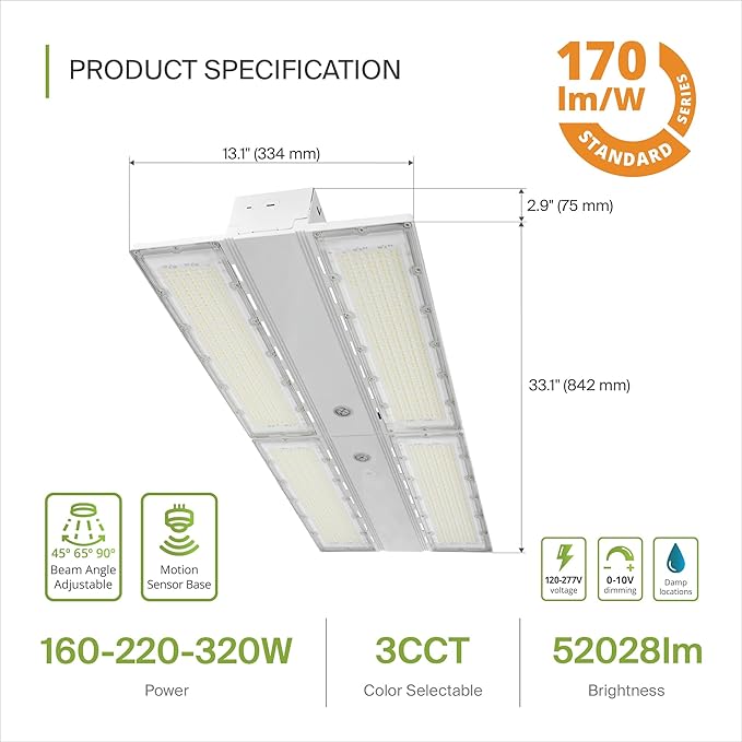 ASD LED Linear High Bay Light Fixture, Commercial Shop Lighting | 3CCT, Dimmable, Angle Adjustable, DLC Premium, UL Listed | 320W 52000LM 3500-5000K 100-277V | Warehouse, Garage, Workshop Lamp | White