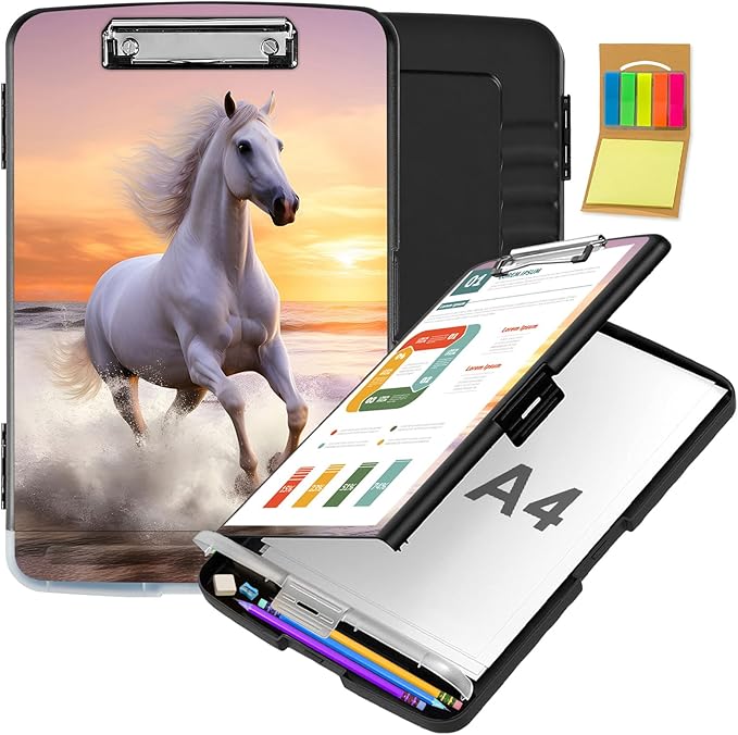 Clipboard with Storage,Office Supplies Nursing Clipboards Folder with Pen Holder Plastic Storage ClipBoard Foldable for Teacher Nurse,Sunset Horse