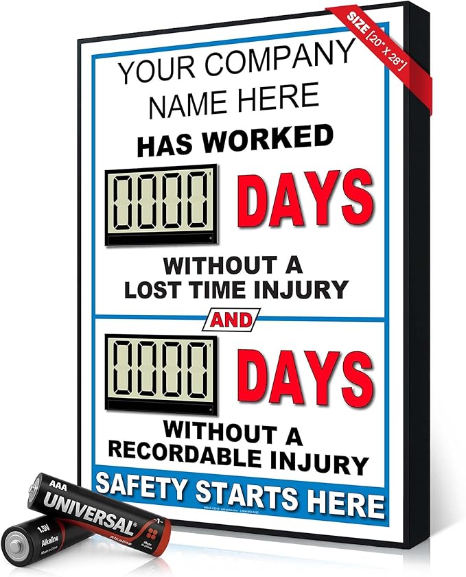 Battery Operated Custom Safety Digital Scoreboard 20" × 28" | Indoor Digital Scoreboard with Auto Day Counter | No Power Cord Needed | Track Days Without Accident Sign for Workplace Safety