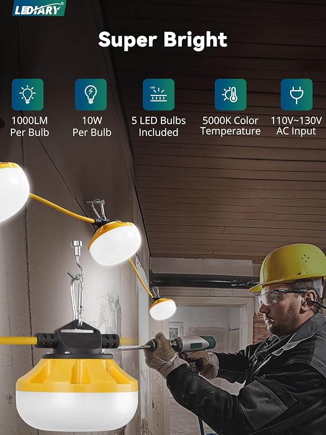 LEDIARY 50FT LED Construction String Lights, 50W 5000LM String Work Light, Linkable Temporary Lighting for Jobsite, Patio, Indoor, Outdoor-ETL Listed