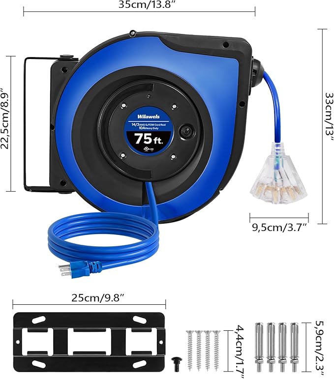 Retractable Cord Reel, 75 FT Heavy Duty Extension Cord, 14AWG/3C SJTOW, 3 Grounded Outlets Lighted Triple Tap, 10A Circuit Breaker, Wall/Ceiling Mounted, UL Listed, Blue U75CR06