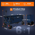 48" L Folding Beach Wagon Cart Foldable, 560lbs Weight Capacity 300L Heavy Duty Collapsible Wagons with Big All-Terrain Wheels, Utility Carts for Groceries, Shopping, Camping, Sports - Blue