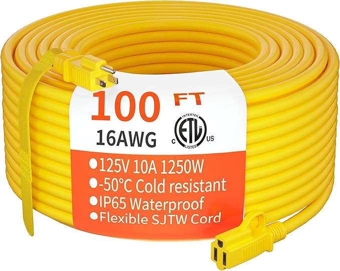 HUANCHAIN Outdoor Extension Cord 100 ft Waterproof, 16/3 Gauge Flexible Cold-Resistant Appliance Extension Cord Outside, 10A 1250W 16AWG SJTW, 3 Prong Electric Cable Yellow, ETL