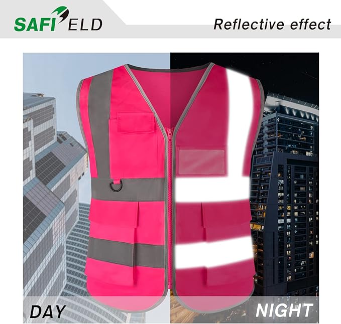 Safety Reflective Work Vest 6 Pack for Men and Women with 8 Pockets and Zipper High Visibility Construction Outerwear