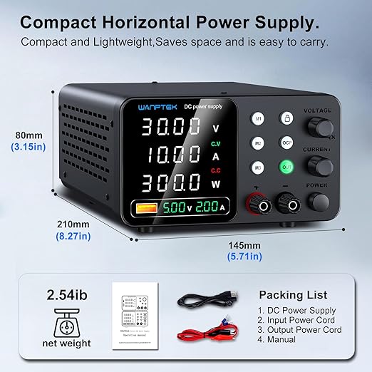 DC Power Supply Variable, 30V 10A Adjustable Switching Regulated Bench Power Supplies with Memory Preset/Locking Key/OCP Protection/Output/USB Fast Charging /4-Digit LED Display